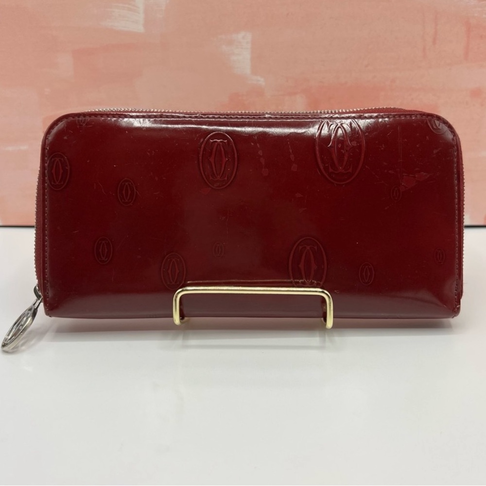 Cartier Red Wallet Zip Around Style with Gold Accents Excellent Condition